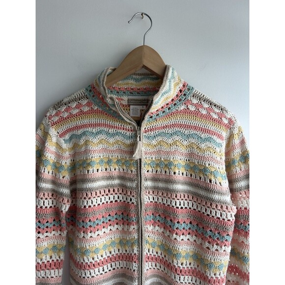 Coldwater Creek Multi Color Crochet Granny Square Cardigan Zip Sweater Coastal S - Picture 2 of 8